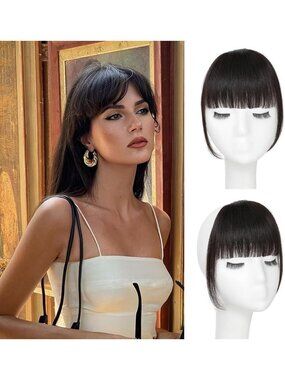 Real Human Hair Clip-In Bangs - Brown Black Extensions, Curved Fringe Hairpieces